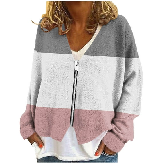 Annhoo Jackets for Women Flannel Long Sleeve V Neck Zipper Cardigan Thermal Casual Outdoor Fashion Solid Color Gym Workout Tops