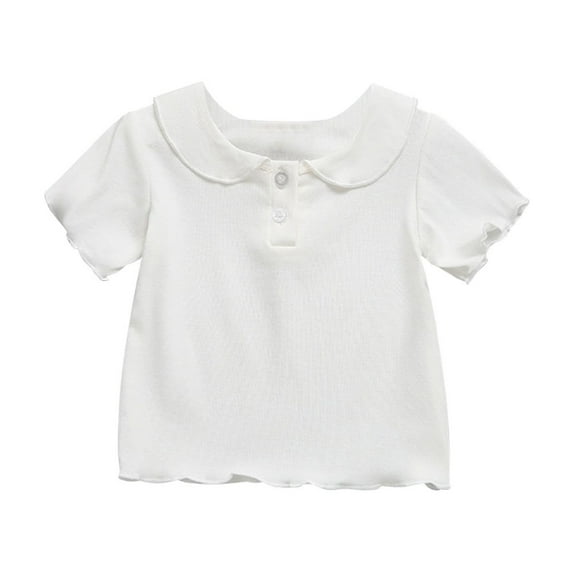 Annhoo Kids Baby Girl Tops Collar with Button Solid Color Lacework Decor Cotton Short Sleeve T-Shirt Toddler Clothes