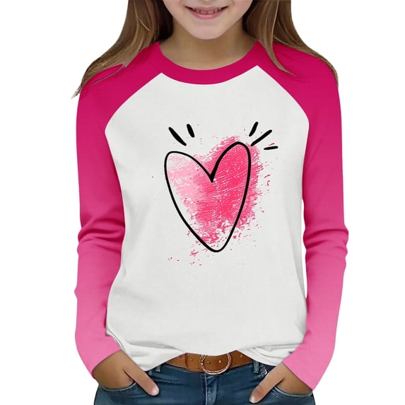 Annhoo Kids Valentine's Day Shirts Long Sleeve Crewneck Block Color Cute Graphic Print Pullover Blouse Girls Clothes