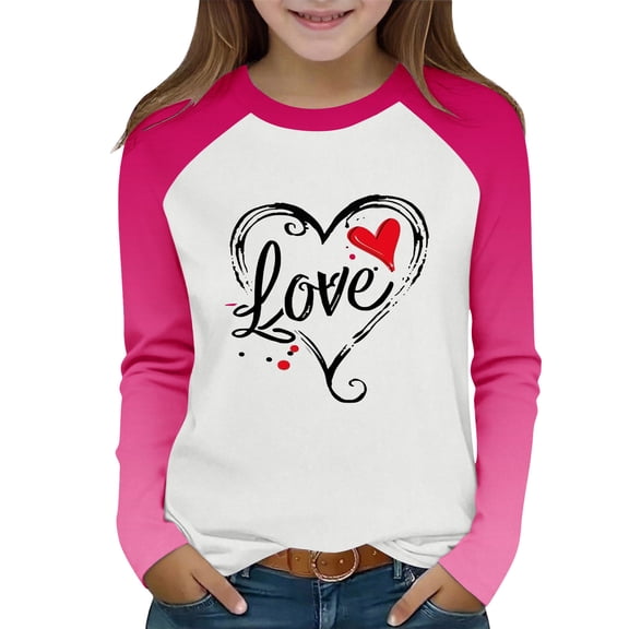 Annhoo Kids Valentine's Day Shirts Long Sleeve Crewneck Block Color Cute Graphic Print Pullover Blouse Girls Clothes
