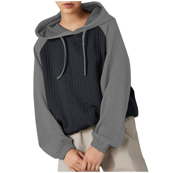Annhoo Kitted Hoodies for Women Trendy Color Block Long Sleeve Tops Teen Girls Loose Drawstring Sweatshirts