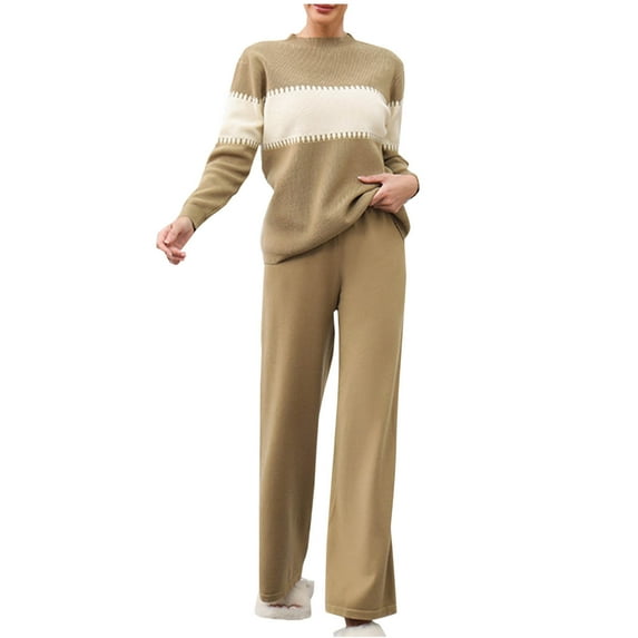 Annhoo Knit Sets for Women 2 Piece Color Block Outfits Casual Round Neck Long Sleeve Tops and Wide Leg Pants Fall Clothes