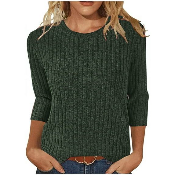 Annhoo Knit Sweater for Women Casual 3/4 Sleeve Solid Color Crew Neck Fashion Shirts Outdoor Comfy Warm Tops Blouse