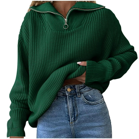 Annhoo Knit Sweaters for Women Baggy Long Sleeve 1/4 Zipper Collared Pullover Shirts Fashion Fall Outfits