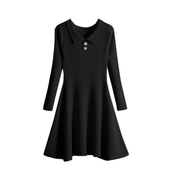 Annhoo Knitted Dresses for Women Long Sleeve Collared Sweater Dress Fall Winter Comfy Soft A-Line Dress