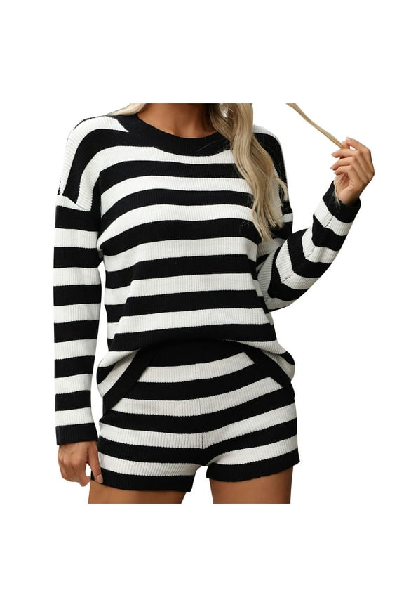 Knitted Sets for Women 2 Piece Striped Fall Outfits Long Sleeve Crew Neck Pullover Shirts Matching Shorts