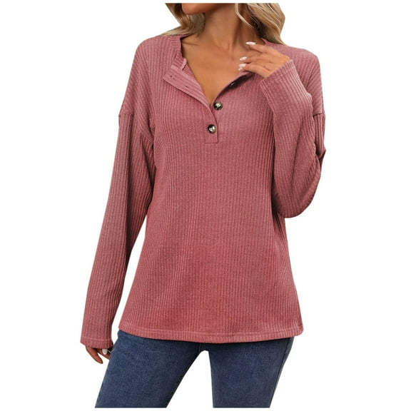 Annhoo Knitted T Shirts for Women Fall Casual Long Sleeve Button Front Shirts Soft Comfy Sweater Pullovers