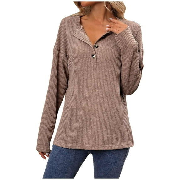 Annhoo Knitted T Shirts for Women Fall Casual Long Sleeve Button Front Shirts Soft Comfy Sweater Pullovers