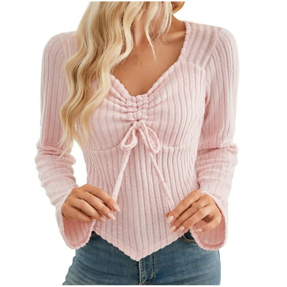 Annhoo Knitted Tops for Women Casual Long Sleeve Fall Blouses Cute Ruched Drawstring Slim Pullover Shirts
