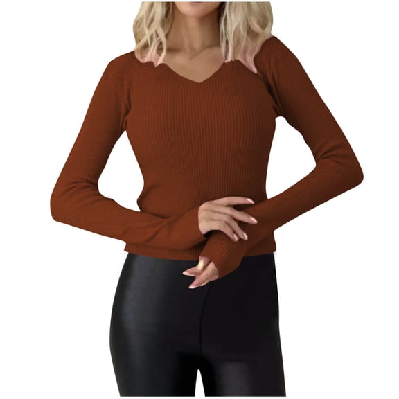 Annhoo Knitted Tops for Women Casual Slim V Neck Long Sleeve Pullover Shirts Fall Comfy Soft Sweater Blouses