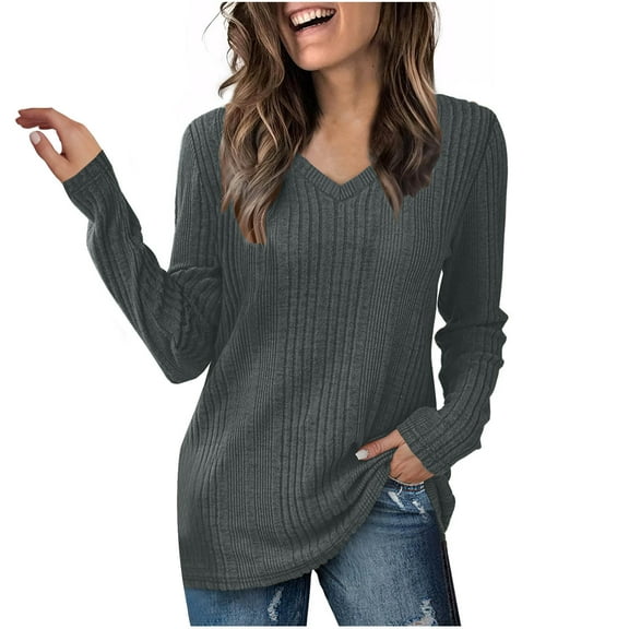 Annhoo Knitted Tops for Women Casual V Neck Long Sleeve Pullover Shirts Fall Comfort Solid Vacation Blouses