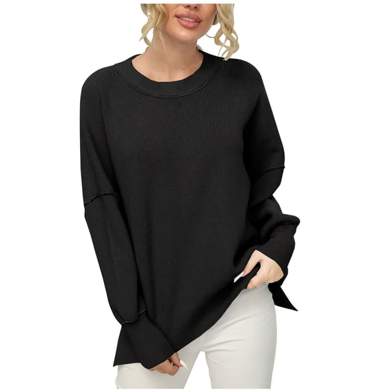 Annhoo Knitted Tops for Women Fall Baggy Long Sleeve Crewneck Pullover Shirts Fashion Side Slit Sweater Tops