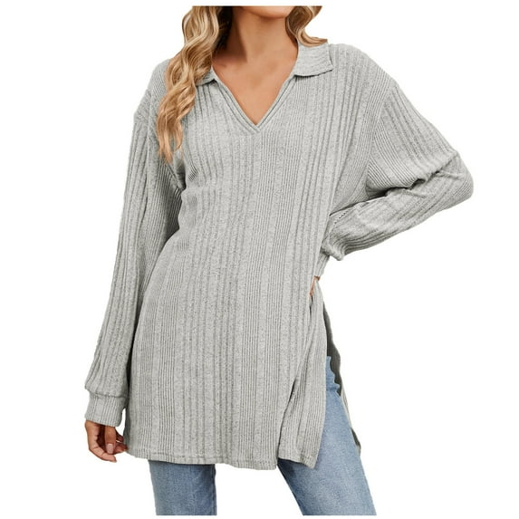 Annhoo Knitted Tops for Women Fall Long Sleeve Lapel V Neck T Shirts Trendy Side Slit Loose Soft blouses