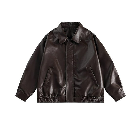 Annhoo Leather Jacket Women Lapel Long Sleeve Motorcycle Coats Fall Fashion Loose Bomber Outwear with Pockets