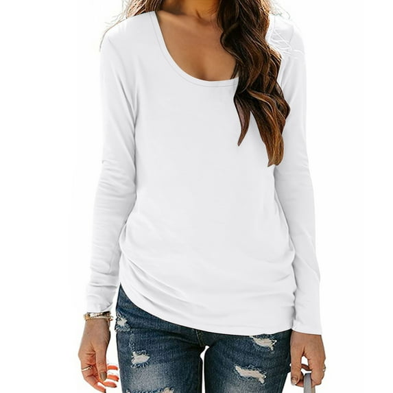 Annhoo Lightweight Tops for Women Crewneck Long Sleeve Solid Color Plus Size Blouse Casual Soft Clothes