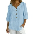 thumbnail image 1 of Annhoo Linen Shirts for Women Casual Loose Button Down V Neck Solid Color 3/4 Sleeve Tops Spring Summer Clothes, 1 of 8