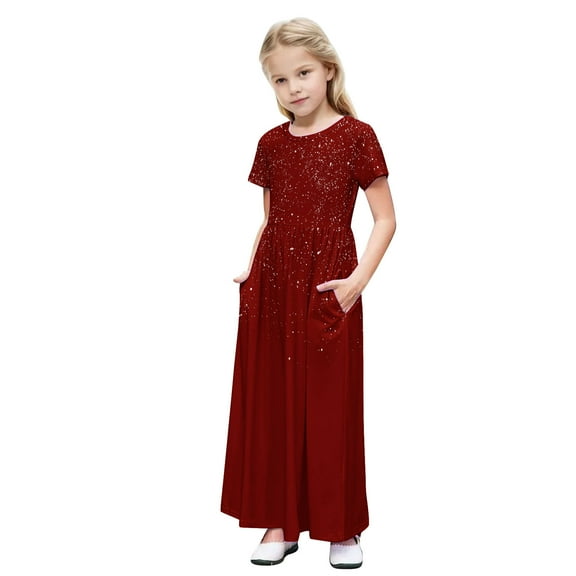 Annhoo Long Dresses for Toddler Kids 2025 Summer Crew Neck Short Sleeve Shiny Cute Solid Maxi Dresses 4-14 Years