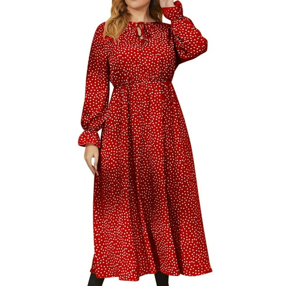 Annhoo Long Dresses for Women Trendy Polka Dots Puff Long Sleeve Keyhole Drawstring Dress Plus Size Casual Dress