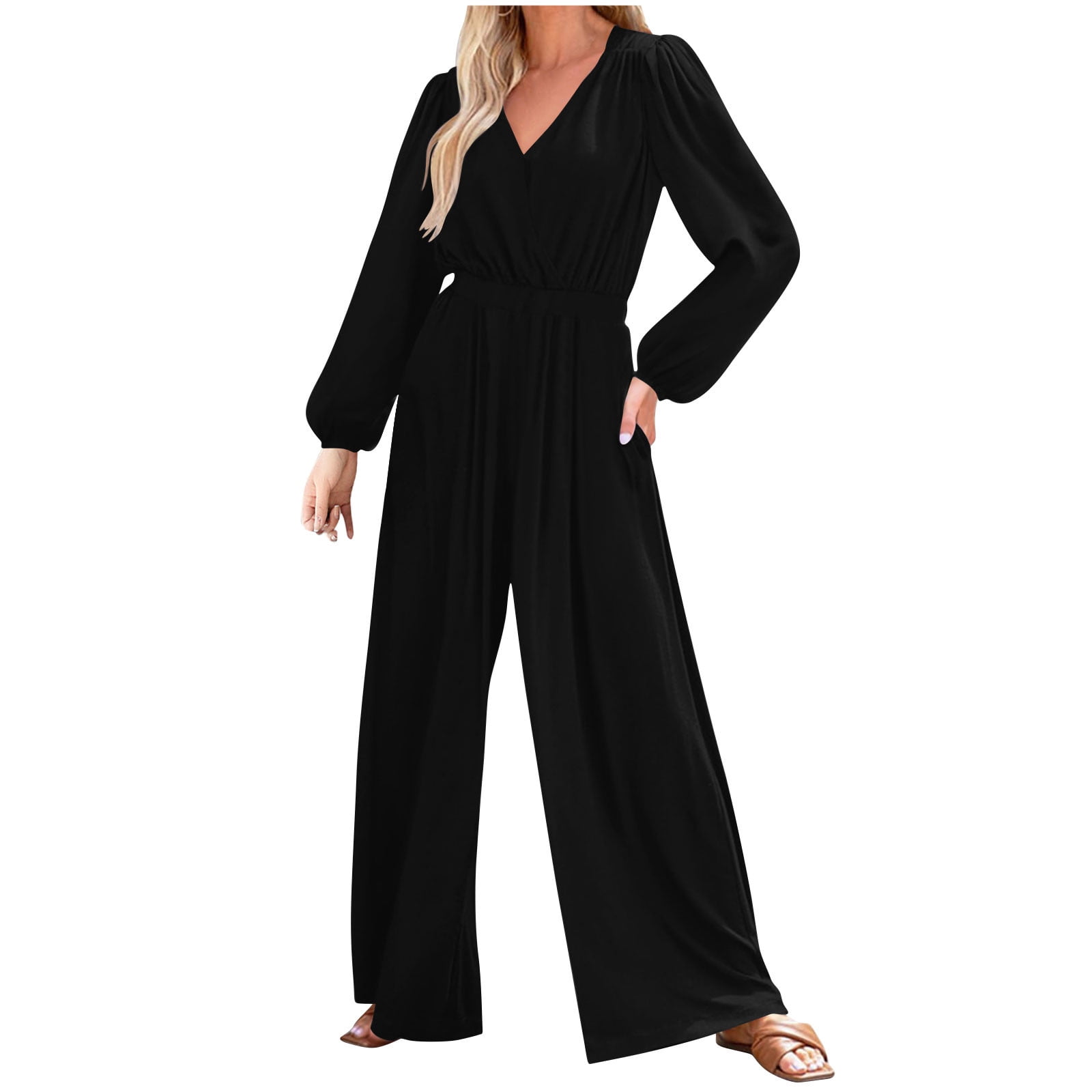 Annhoo Long Sleeve Rompers for Women Elegant V Neck Pleated