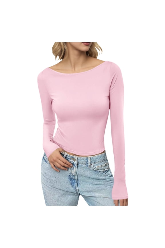 Long Sleeve Shirts for Women Boat Neck Solid Color Going Out Tops Casual Slim Tights Trendy Comfy Basic Blouse
