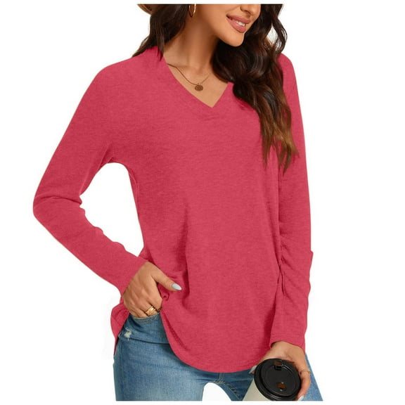 Annhoo Long Sleeve Shirts for Women Casual Loose V Neck Tops Fall Basic Blouse Tees to Wear with Leggings