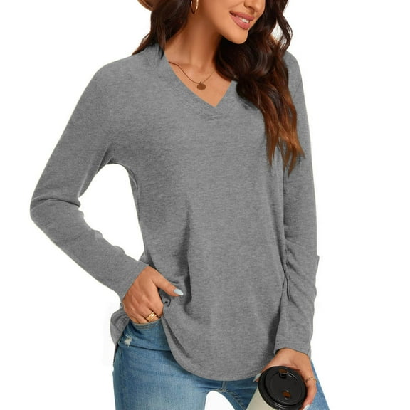 Annhoo Long Sleeve Shirts for Women Casual Loose V Neck Tops Fall Basic Blouse Tees to Wear with Leggings