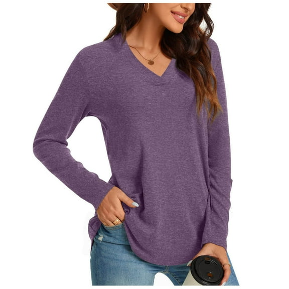Annhoo Long Sleeve Shirts for Women Casual Loose V Neck Tops Fall Basic Blouse Tees to Wear with Leggings