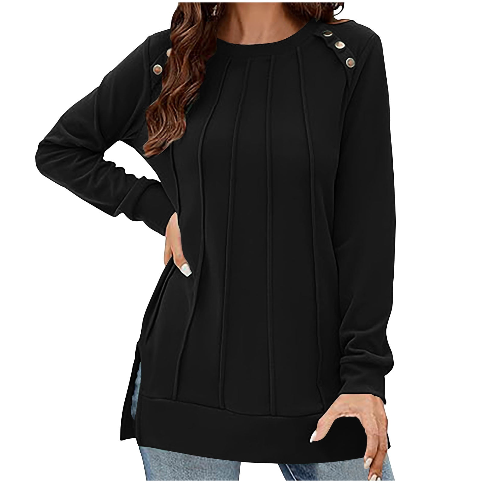 Annhoo Long Sleeve Shirts for Women Casual Pleated Side Slit Creneck