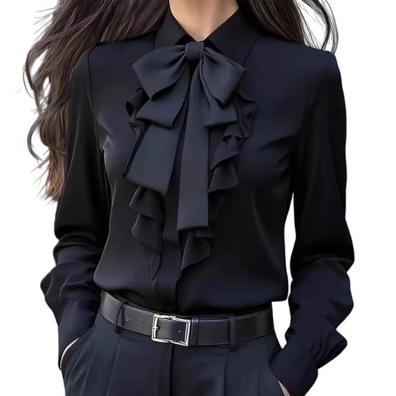 Annhoo Long Sleeve Shirts for Women Dressy Casual Plain Collar Button Down Ruffled Business Blouse Trendy Clothes