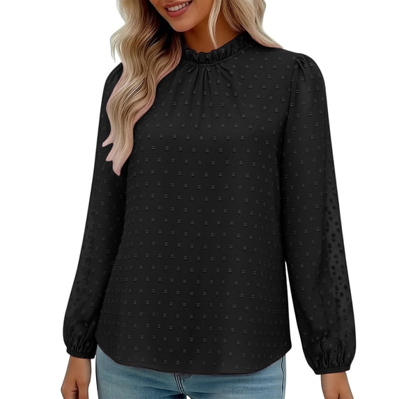Annhoo Long Sleeve Shirts for Women Dressy Casual Pleated Crewneck Solid Color Loose Tops Spring Clothes