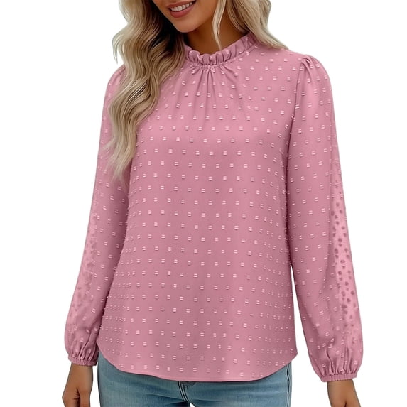 Annhoo Long Sleeve Shirts for Women Dressy Casual Pleated Crewneck Solid Color Loose Tops Spring Clothes