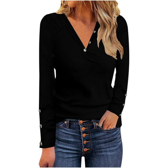 Annhoo Long Sleeve Shirts for Women Fall Button V Neck Knit Ribbed Blouses Basic Solid Color Casual Tops