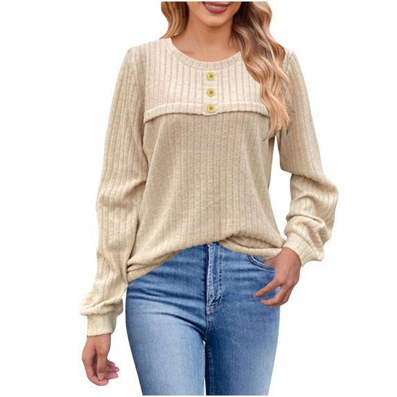Annhoo Long Sleeve Shirts for Women Fall Casual Button Round Neck Knitted Blouses Comfy Solid Color Sweater Tops