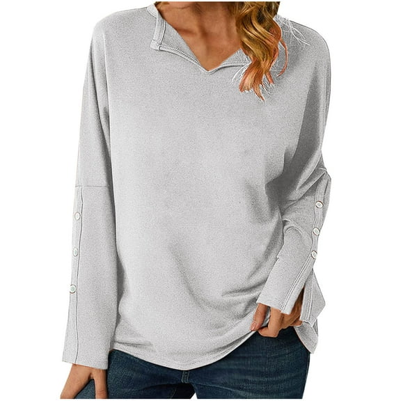 Annhoo Long Sleeve Shirts for Women Fall Casual Button V Neck Blouses Ladies Loose Solid Color Pullover Tops