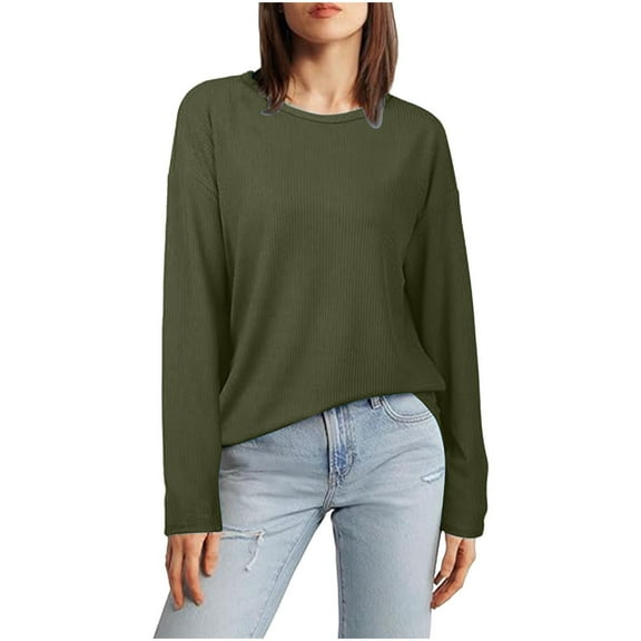 Annhoo Long Sleeve Shirts for Women Fall Casual Crewneck Knitted Ribbed Tees Fashion Solid Color Clothes