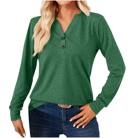 Annhoo Long Sleeve Shirts for Women Fall Casual V Neck Button Front Blouses Loose Comfy Going out Dressy Shirts