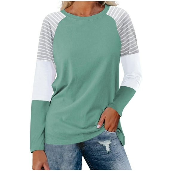 Annhoo Long Sleeve Shirts for Women Fall Loose Round Neck Striped Tops Plus Size Color Block Lounge Tunics