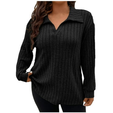 Annhoo Long Sleeve Shirts for Women Fall Solid Color Lapel V Neck Knitted Tops Plus Size Loose Lounge Blouses