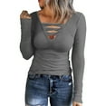 thumbnail image 1 of Annhoo Long Sleeve Shirts for Women Fall V Neck Criss-Cross Knit Ribbed Tops Stretch Slim Tight Blouse Tees, 1 of 6