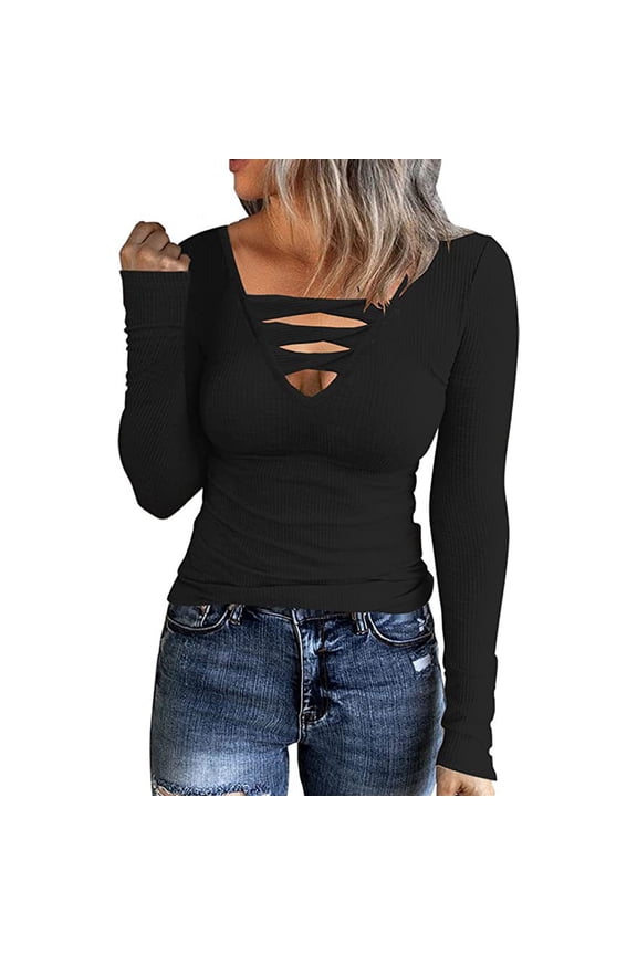 Long Sleeve Shirts for Women Fall V Neck Criss-Cross Knit Ribbed Tops Stretch Slim Tight Blouse Tees
