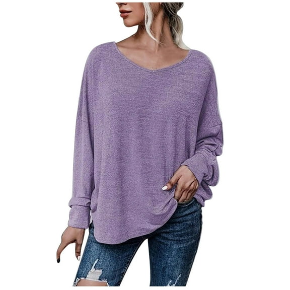 Annhoo Long Sleeve Shirts for Women Plus Size Casual Solid V Neck Tops Fall Loose Going out Blouse Tees
