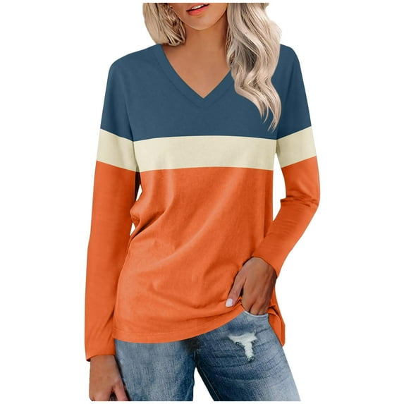Annhoo Long Sleeve Shirts for Women Plus Size V Neck Color Block Tops Fall Casual Loose Blouses Tees