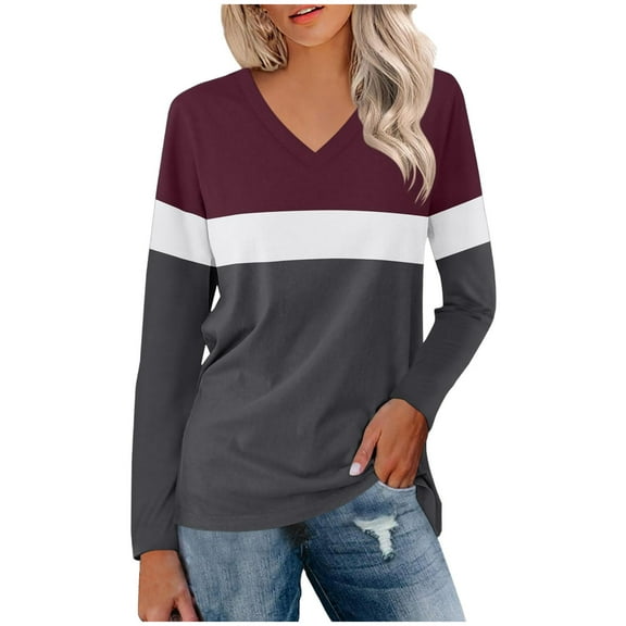 Annhoo Long Sleeve Shirts for Women Plus Size V Neck Color Block Tops Fall Casual Loose Blouses Tees