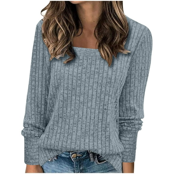 Annhoo Long Sleeve Shirts for Women Square Neck Long Sleeve Basic Knit Tops Fall Casual Loose Pullovers