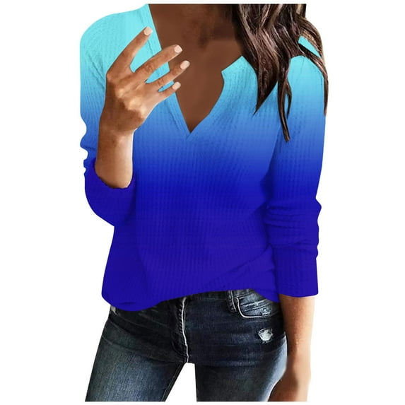 Annhoo Long Sleeve Shirts for Women Trendy Gradient Colour V Neck Fall Knitted Blouses Comfy Soft Pullover Tops