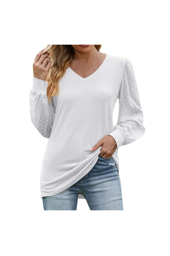 Long Sleeve Shirts for Women Trendy Mesh Patchwork Puff Sleeve Tops Elegant V Neck Business Casual Blouses