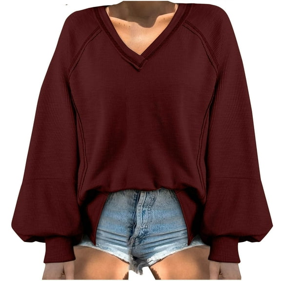Annhoo Long Sleeve Shirts for Women V Neck Casual Knitted Tops Fall Loose Solid Going out Blouse Tees