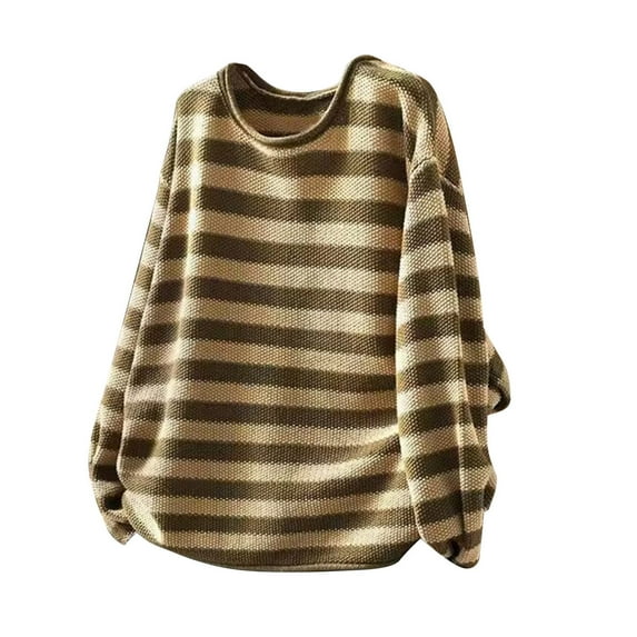Annhoo Long Sleeve Shirts for Womens Plus Size Crewneck Block Color Striped Loose Tops Casual Fashion Clothes