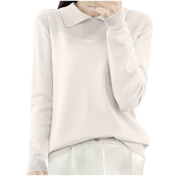 Annhoo Long Sleeve Sweater for Women Fall Casual Lapel Collared Pullover Shirts Basic Solid Knitted Base Layer Tops