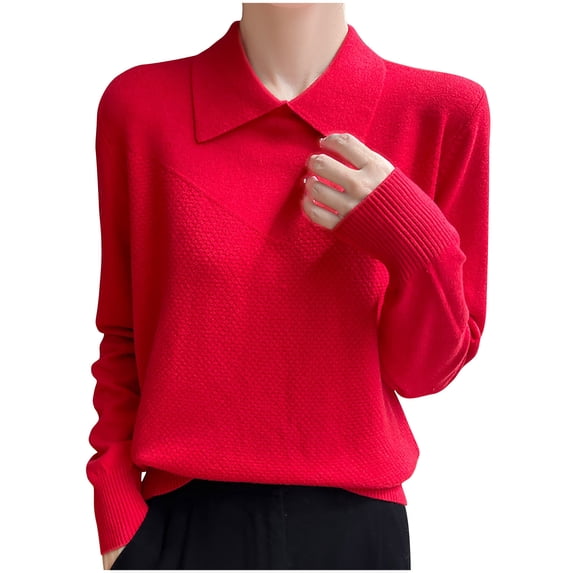 Annhoo Long Sleeve Sweater for Women Fall Casual Lapel Collared Pullover Shirts Basic Solid Knitted Base Layer Tops